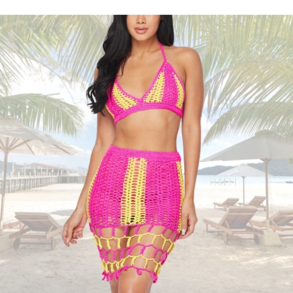 Pink/Yellow Crochet Beach Skirt Set